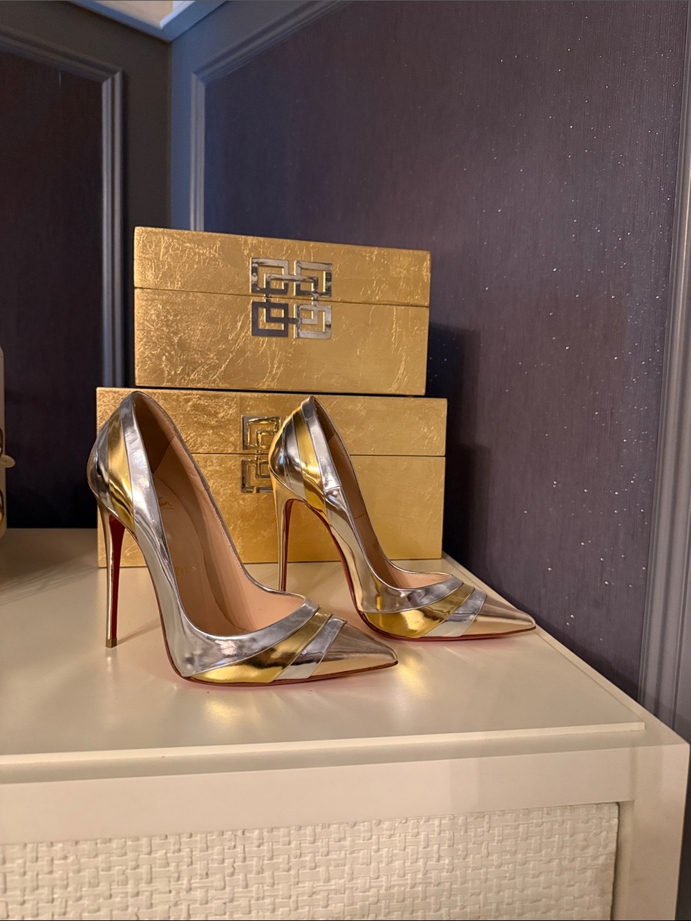 Christian Louboutin Metallic Gold and Silver Pointed-Toe Stilettos